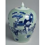 A CHINESE CELADON GROUND BLUE AND WHITE PORCELAIN JAR AND COVER, painted with figures and bats, 27cm