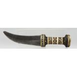 A 19TH CENTURY OTTOMAN SYRIAN BONE INLAID DAGGER, the blade with inscription, 27cm long.