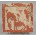 A RARE EARLY INDIAN ENGRAVED RED STONE TILE, possibly Kushan, depicting a deer and mother, 31cm x