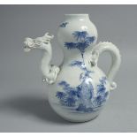 A JAPANESE BLUE AND WHITE HIRADO PORCELAIN GOURD SHAPE EWER, with handle and spout formed as a
