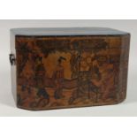 AN 18TH CENTURY CHINESE LACQUERED WOOD CASKET, decorated with figures in a courtyard, with two