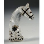 A INDIAN ROCK CRYSTAL HORSE FORMED DAGGER HANDLE, onlaid with wire work and semi precious stones,