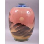 A LARGE JAPANESE PORCELAIN OVOID VASE, the body painted with an atmospheric sunset landscape, 33cm