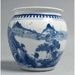 A CHINESE BLUE AND WHITE PORCELAIN JAR, painted with a mountainous landscape scene, six-character