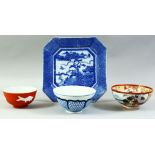A COLLECTION OF THREE ORIENTAL PORCELAIN BOWLS, together with a blue and white square form plate, (