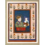 AN INDIAN PORTRAIT PAINTING OF JAHANGIR - depicted holding a portrait of a man, mounted, 34cm x