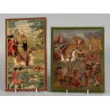 TWO PERSIAN SCHOOL LACQUERED MINIATURE PAINTINGS ON BOARD, one depicting Fath Ali Shah in a