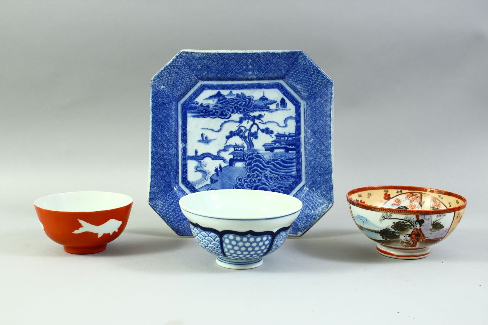 A COLLECTION OF THREE ORIENTAL PORCELAIN BOWLS, together with a blue and white square form plate, ( - Image 2 of 7