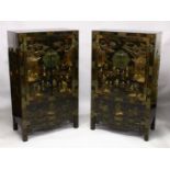 A PAIR OF CHINESE BLACK LACQUER HARDWOOD CABINETS, the hinged doors opening to reveal a central