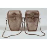 A FINE PAIR OF 19TH CENTURY JAPANESE MEIJI PERIOD WOVEN SILVER CASES, each with hinged lids chain
