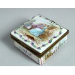 A CONTINENTAL SQUARE SHAPED ENAMEL BOX the lid painted with young lovers, the inside with flowers.