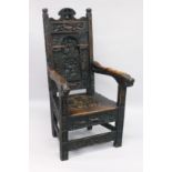 A GOOD 19TH CENTURY REPLICA OF A 14TH / 15TH CENTURY OAK ARMCHAIR carved with figures, emblems and