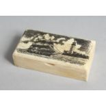 A HAND CARVED BONE BOX with ocean scenes. 2.25ins long.