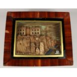 A FRAMED AND GLAZED CORK PICTURE, building on rocks, it lights up. 9.5ins x 12ins.