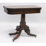 A REGENCY MAHOGANY CARD TABLE with plain rising top and green baize interior, on a centre column
