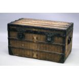 AN OLD LOUIS VUITTON WOODEN, METAL BOUND TRUNK, with lift out compartment 2ft 6ins long, 1ft 5ins