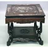 A CHINESE SQUARE TWO TIER TABLE inlaid with mother of pearl. 23ins square.