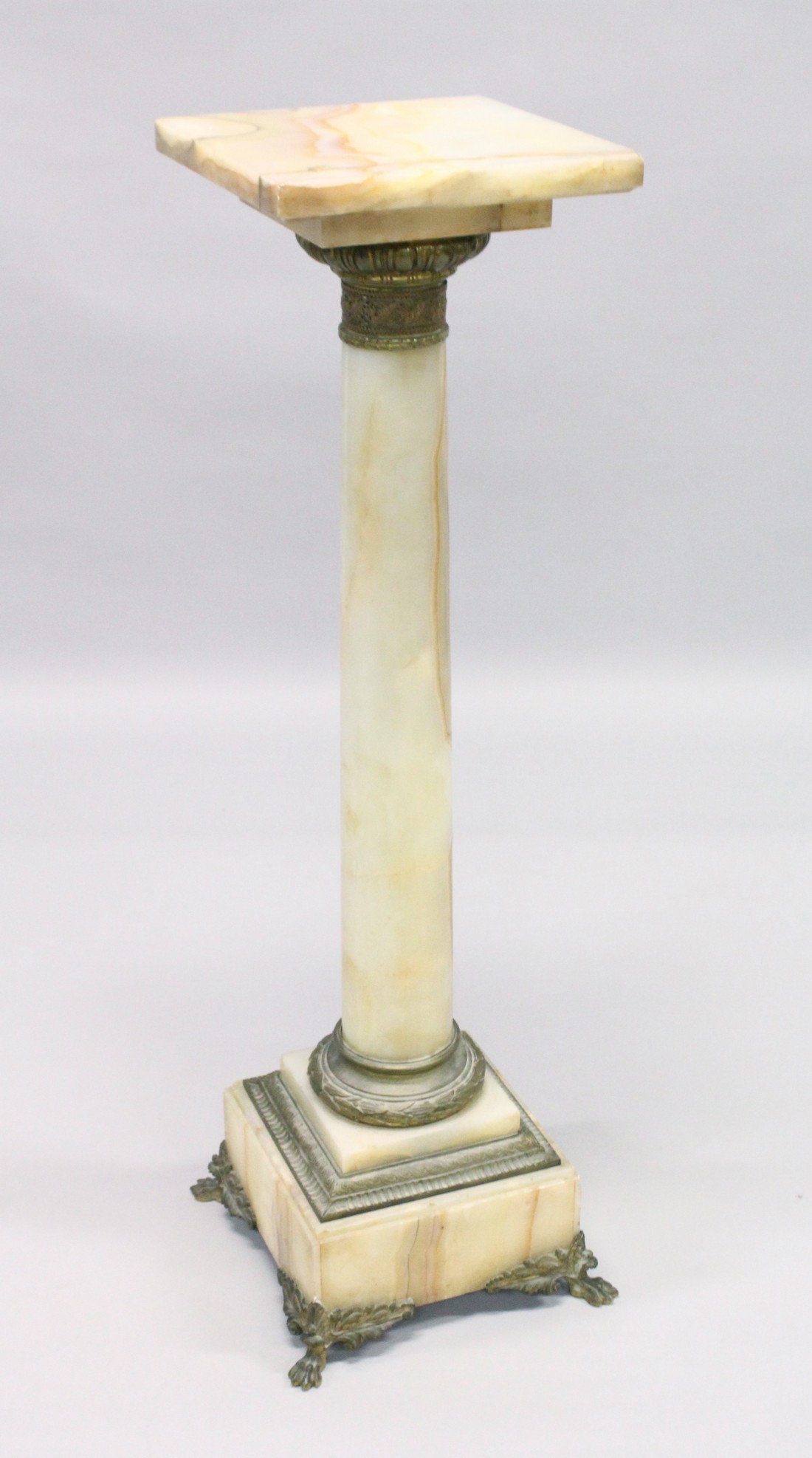 A GOOD ONYX AND BRASS SQUARE TOP COLUMN, the base on claw feet. 3ft 7ins high, top 1ft square. - Image 5 of 12