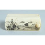 A BONE BOX with folding top, sailing vessel and figures 3ins.