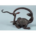 A CHINESE BRONZE SNAKE attacking a tortoise. 9.5ins long.