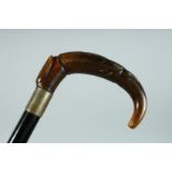 A VICTORIAN WALKING STICK with Rhino handle, carved. 35ins long.