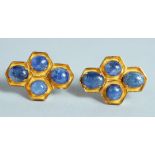 A GOOD PAIR OF CABOCHON SAPPHIRE, SET IN 18ct GOLD, EARRINGS.