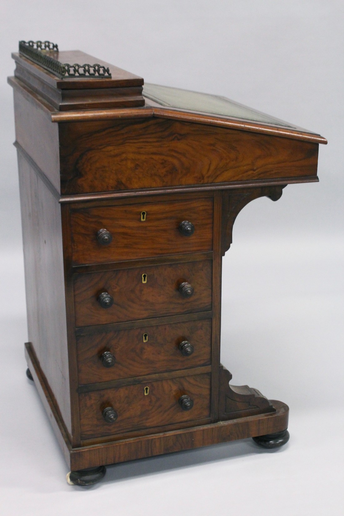 A GOOD VICTORIAN WALNUT DAVENPORT, brass grill, leather writing surface, fitted interior, four - Image 5 of 6