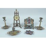 A GOOD 19TH CENTURY FRENCH CLOISONNE ENAMEL SIX PIECE DESK SET including, Easel Clock, a pair of