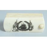 A BONE BOX with sliding top, sailing vessel and union flag. 3ins.