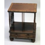 A VERY GOOD GILLOW MODEL ROSEWOOD OPEN SET OF SHELVES with cross banded top, turned spindle supports