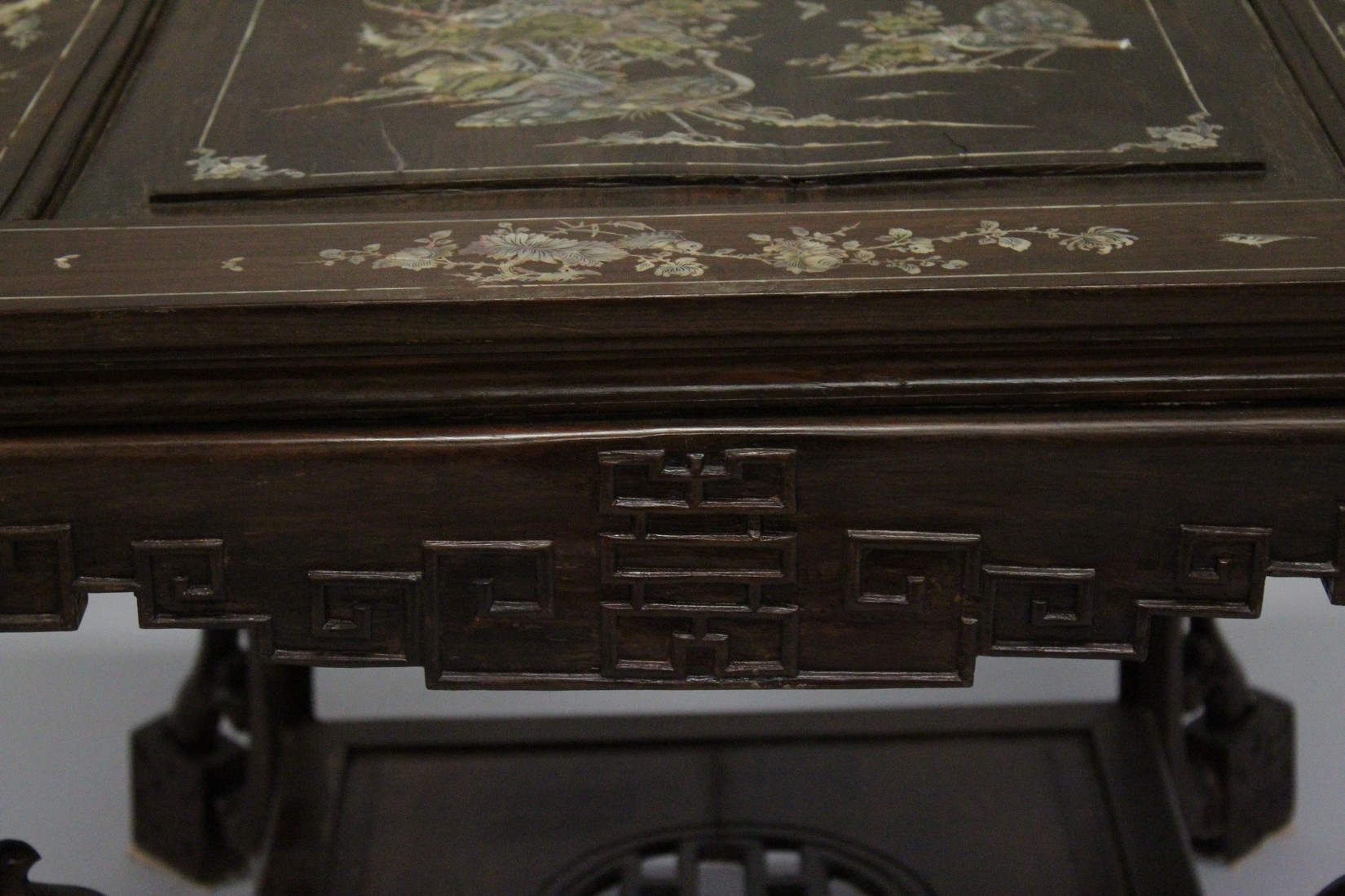 A CHINESE SQUARE TWO TIER TABLE inlaid with mother of pearl. 23ins square. - Image 5 of 7