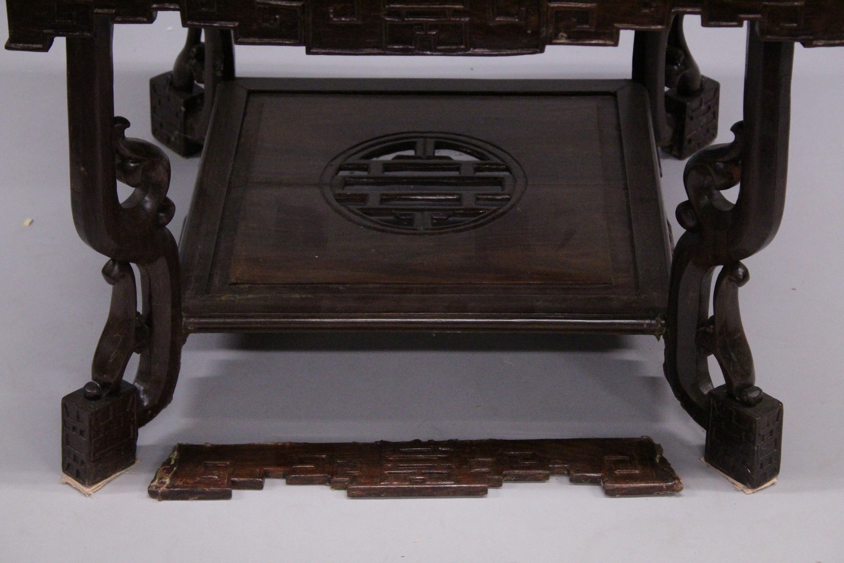 A CHINESE SQUARE TWO TIER TABLE inlaid with mother of pearl. 23ins square. - Image 7 of 7