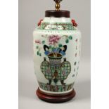 A GOOD CHINESE PORCELAIN LAMP with figures and calligraphy. 16ins high.