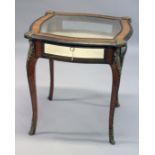 A VERY GOOD 19TH CENTURY FRENCH KINGWOOD SQUARE BIJOUTERIE TABLE with ormolu mounts, silk