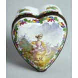 A CONTINENTAL HEAVY SHAPED ENAMEL PILL BOX the lid painted with a young lady. The box with mark,