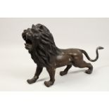 A BRONZE GROWLING LION. 22ins long