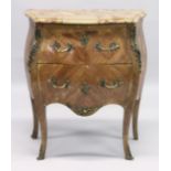 A FRENCH KINGWOOD, MARBLE AND ORMOLU PETIT COMMODE, of bombe form with two drawers on cabriole legs.