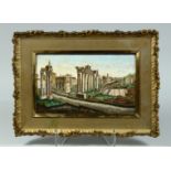 A VERY GOOD ITALIAN MOSAIC PICTURE, RUINS IN ROME. 18cm x 29cm in a gilt frame.