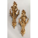 A GOOD PAIR OF GILT BRONZE SCONCES, AS TORCHES with acanthus scrolls.