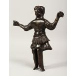 A POSSIBLY 16TH CENTURY BRONZE OF A MAN ARMS OUTSTRETCHED. 10ins long.