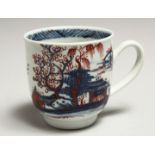 A CHAFFERS LIVERPOOL COFFEE CUP painted with a Chinoiserie scene of huts on an island, blue and