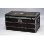 AN OLD LOUIS VUITTON WOODEN BANDED LEATHER BOUND TRUNK with two pull out compartments. 2ft 7ins