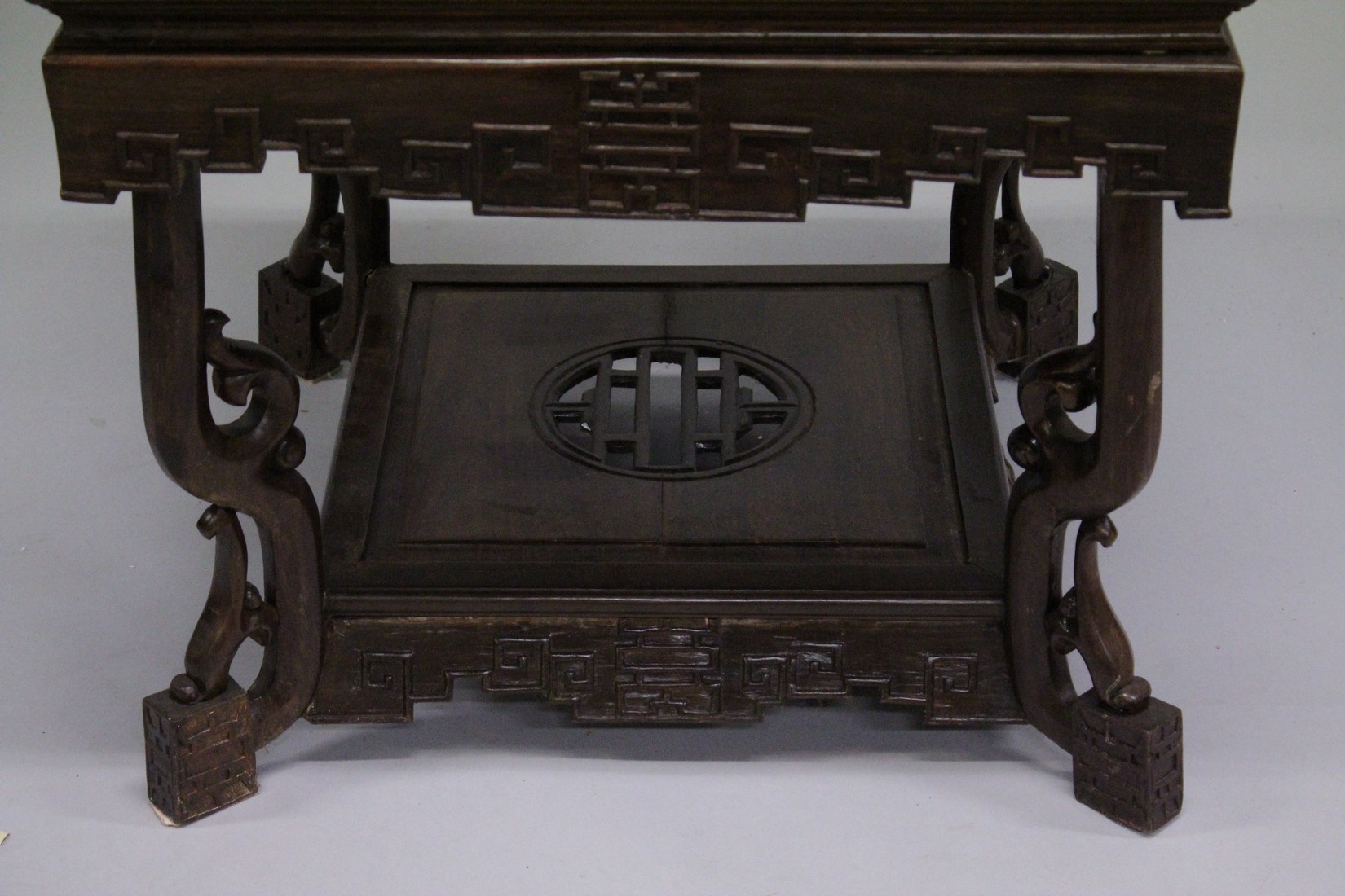 A CHINESE SQUARE TWO TIER TABLE inlaid with mother of pearl. 23ins square. - Image 4 of 7
