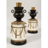 A VERY GOOD PAIR OF REGENCY, BRONZE AND MARBLE TWO-HANDLED CASSOLETTES ON STANDS hung with rope. 9.