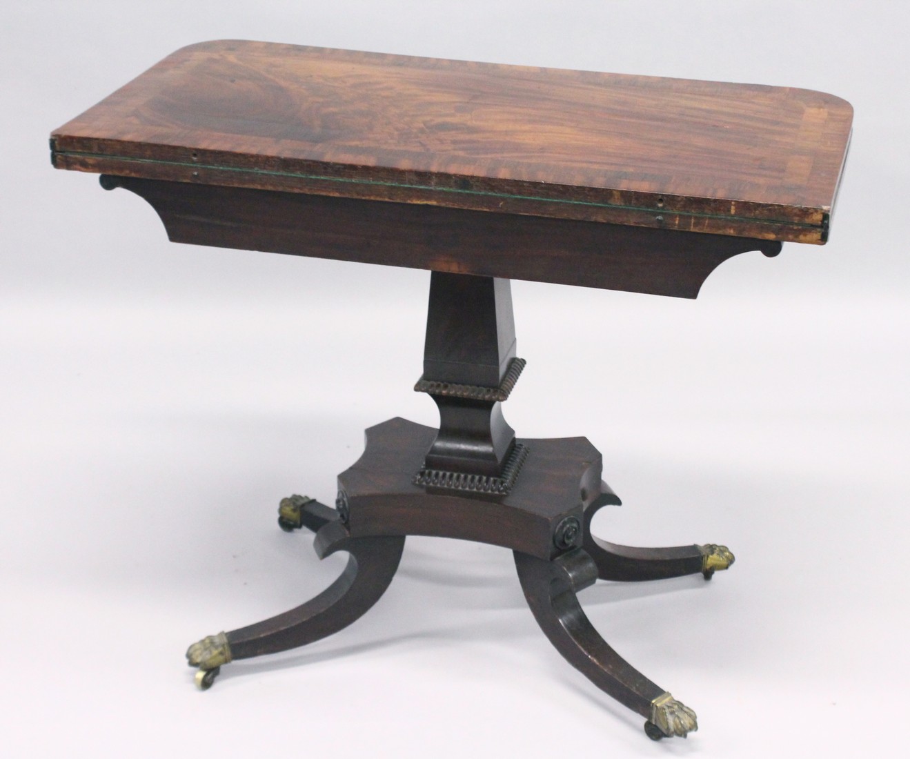 A REGENCY MAHOGANY CARD TABLE with cross band top and green baize interior, on a centre column - Image 4 of 8