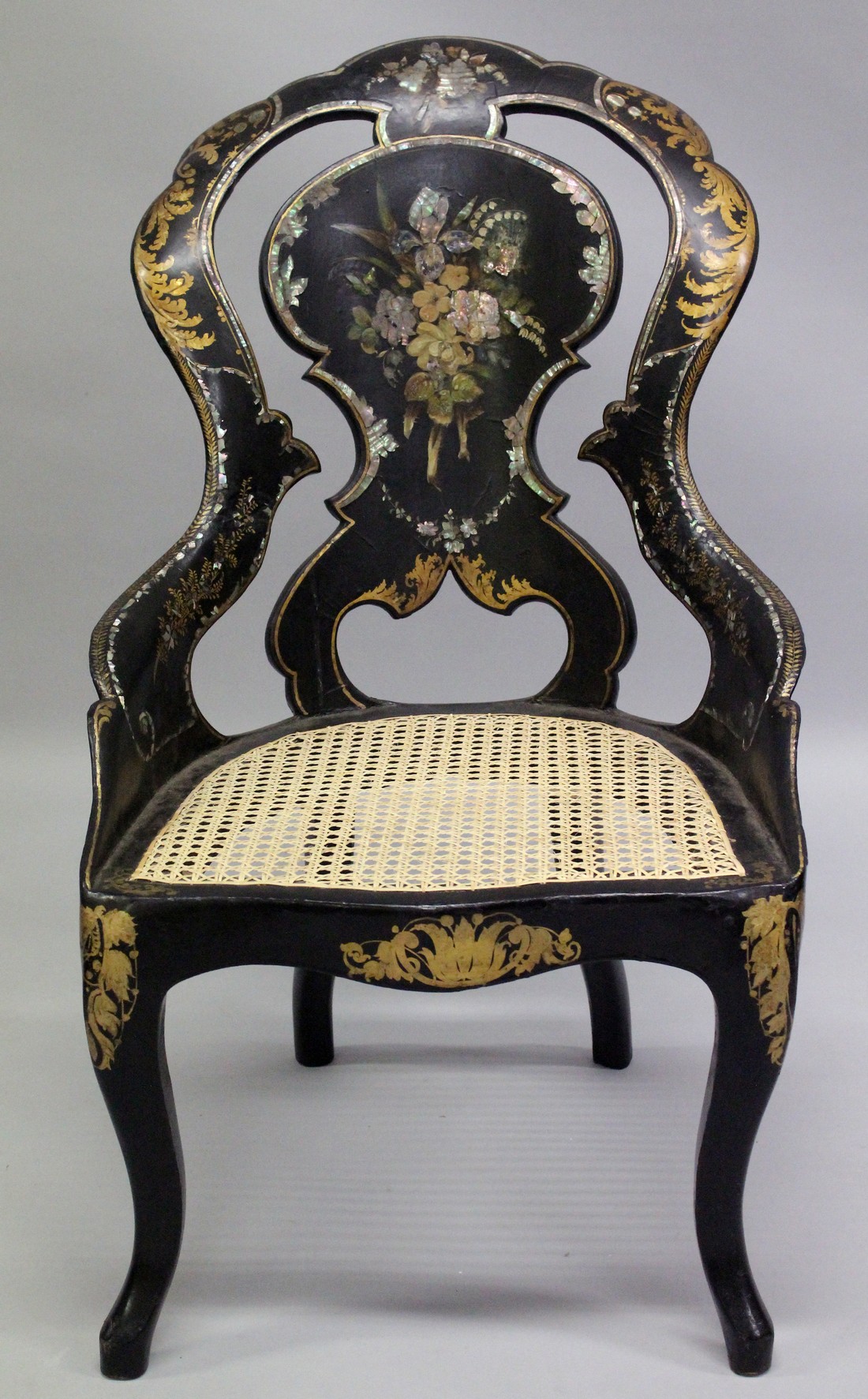 A GOOD PAIR OF VICTORIAN BLACK PAPIER MACHE CHAIRS painted with flowers and inlaid with mother of - Image 2 of 6