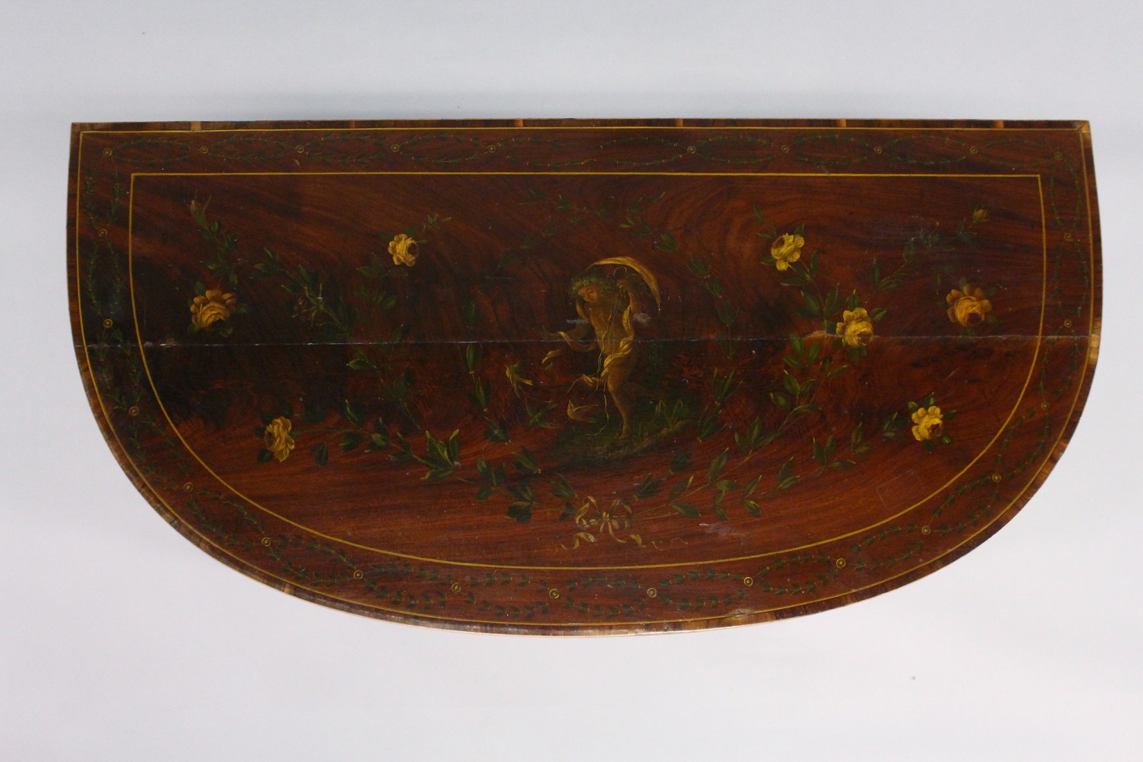 A GEORGIAN SHERATON REVIVAL MAHOGANY CARD TABLE painted with garlands and flowers with banded top - Image 5 of 8