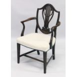 A GOOD HEPPLEWHITE MAHOGANY SHIELD BACK CHAIR with pierced vase splat, padded seat on square