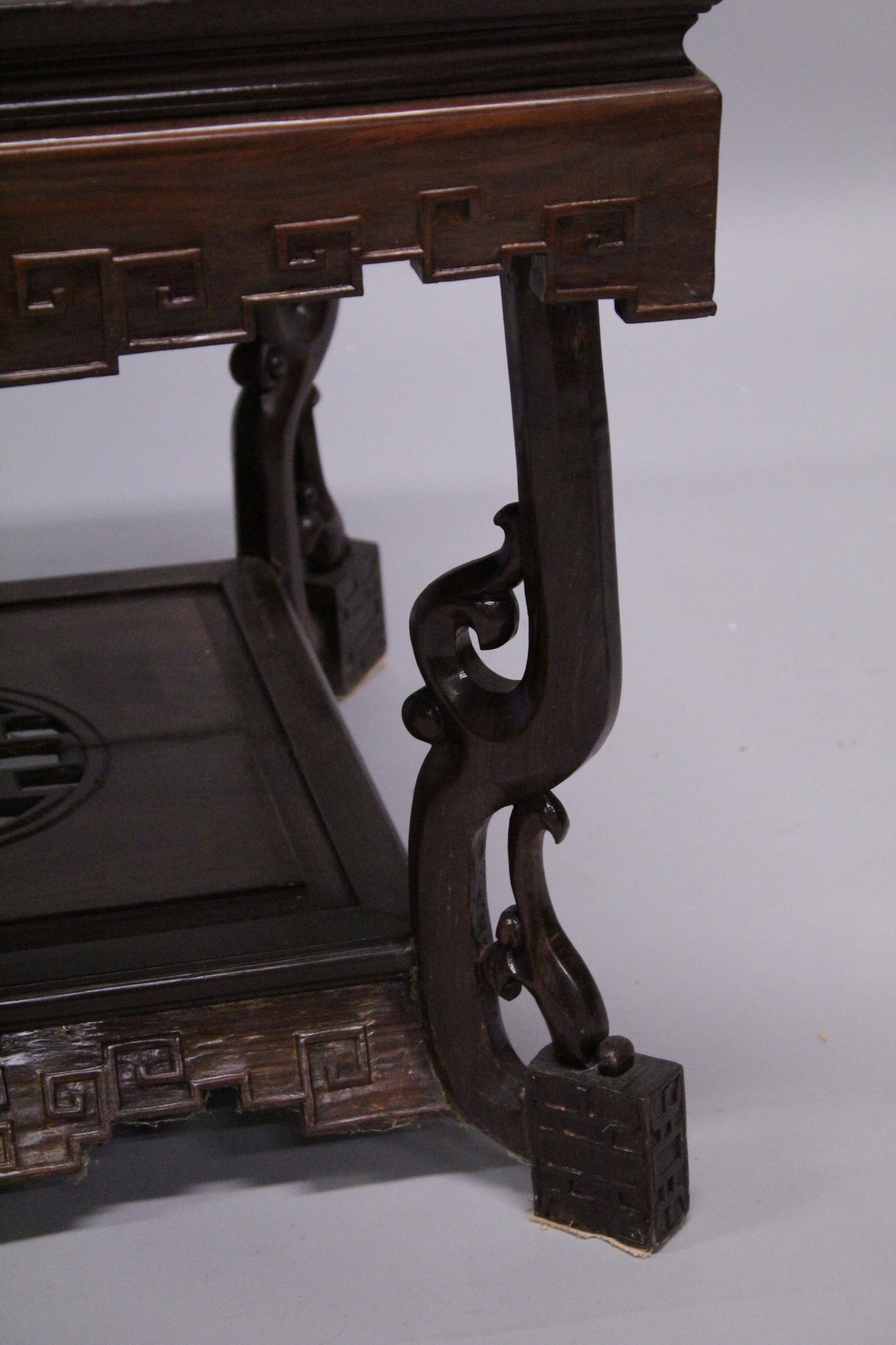 A CHINESE SQUARE TWO TIER TABLE inlaid with mother of pearl. 23ins square. - Image 6 of 7