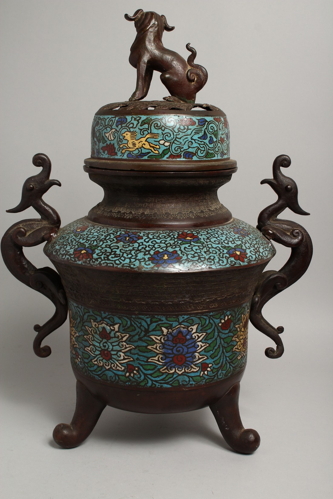 A LARGE CHINESE BRONZE AND CLOISONNE LIDDED CENSER with lion mounts. - Image 2 of 2